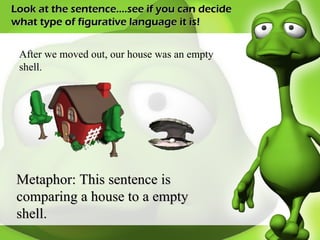 Look at the sentence….see if you can decide what type of figurative language it is! After we moved out, our house was an empty shell. Metaphor: This sentence is comparing a house to a empty shell. 