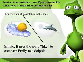 Look at the sentence….see if you can decide what type of figurative language it is! Emily swam like a dolphin in the pool. Simile: It uses the word “like” to compare Emily to a dolphin. 