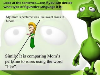 Look at the sentence….see if you can decide what type of figurative language it is! My mom’s perfume was like sweet roses in bloom. Simile: It is comparing Mom’s perfume to roses using the word “like”. 