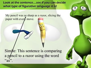 Look at the sentence….see if you can decide what type of figurative language it is! My pencil was as sharp as a razor, slicing the paper with every move. Simile: This sentence is comparing a pencil to a razor using the word “as”. 