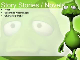Story Stories / Novels “ Hoot” “ Becoming Naomi Leon” “ Charlotte's Webs” 