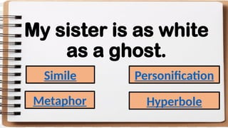My sister is as white
as a ghost.
Simile
Metaphor
Personification
Hyperbole
 