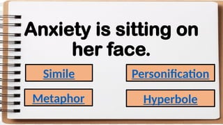 Anxiety is sitting on
her face.
Simile
Metaphor
Personification
Hyperbole
 