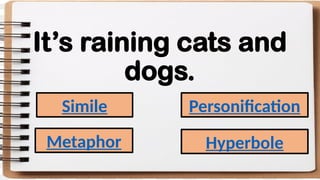 It’s raining cats and
dogs.
Simile
Metaphor
Personification
Hyperbole
 