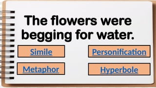 The flowers were
begging for water.
Simile
Metaphor
Personification
Hyperbole
 