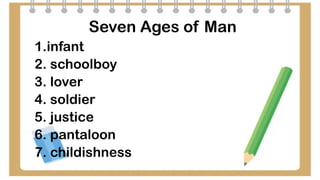 Seven Ages of Man
1.infant
2. schoolboy
3. lover
4. soldier
5. justice
6. pantaloon
7. childishness
 