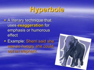 Hyperbole
 A literary technique that
  uses exaggeration for
  emphasis or humorous
  effect
 Example: Sherri said she
  was so hungry she could
  eat an elephant.
 