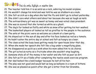 Find the similes. Highlight or underline them.
21. The teacher told him it is as solid as a rock, admiring his model airplane.
22. He wouldn’t change his mind and was told he was as stubborn as a mule.
23. She felt as sick as a dog when she had the flu and didn’t go to school yesterday.
24. She didn’t care what others said about her because she was as tough as nails.
25. The extraordinary girl was as sweet as honey and was voted class president.
26. She was so scared that she turned as white as a ghost.
27. The dog’s fur looked as fluffy and white as snow after getting his hair washed.
28. The basketball players all looked as tall as giraffes to the people in the audience.
29. The ants at the picnic were as welcome as a skunk at a lawn party.
30. He stayed out in the sun all day and after his face looked as red as a tomato.
31. He hadn’t eaten the entire day at school and felt as hungry as a bear.
32. The class acted like busy bees getting ready for open house later that day.
33. When she made her speech she felt like a bug under a magnifying glass.
34. He disappeared as quick as a wink when his mom asked him to do chores.
35. The girl acted as nutty as a fruitcake when she wouldn’t stop laughing.
36. Someone stole all of the money in her wallet and she felt as poor as dirt.
37. She felt as fit as a fiddle after completing the twelve week exercise program.
38. Her dad looked like a bald badger because he lost all his hair.
39. The play was not good and would last as long as balloons in a room of kittens.
40. She was as pleased as punch after she got a letter from her Grandma.
 