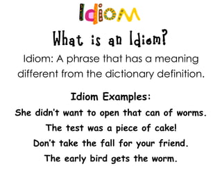 What is an Idiom?
Idiom: A phrase that has a meaning
different from the dictionary definition.
Idiom Examples:
She didn’t want to open that can of worms.
The test was a piece of cake!
Don’t take the fall for your friend.
The early bird gets the worm.
!
 
