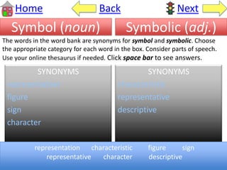 Symbol (noun)
SYNONYMS
representation
figure
sign
character
SYNONYMS
characteristic
representative
descriptive
Home Back Next
representation characteristic figure sign
representative character descriptive
The words in the word bank are synonyms for symbol and symbolic. Choose
the appropriate category for each word in the box. Consider parts of speech.
Use your online thesaurus if needed. Click space bar to see answers.
Symbolic (adj.)
 