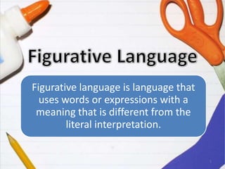 Figurative language is language that
uses words or expressions with a
meaning that is different from the
literal interpretation.

1

 