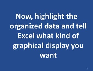 9
Now, highlight the
organized data and tell
Excel what kind of
graphical display you
want
 