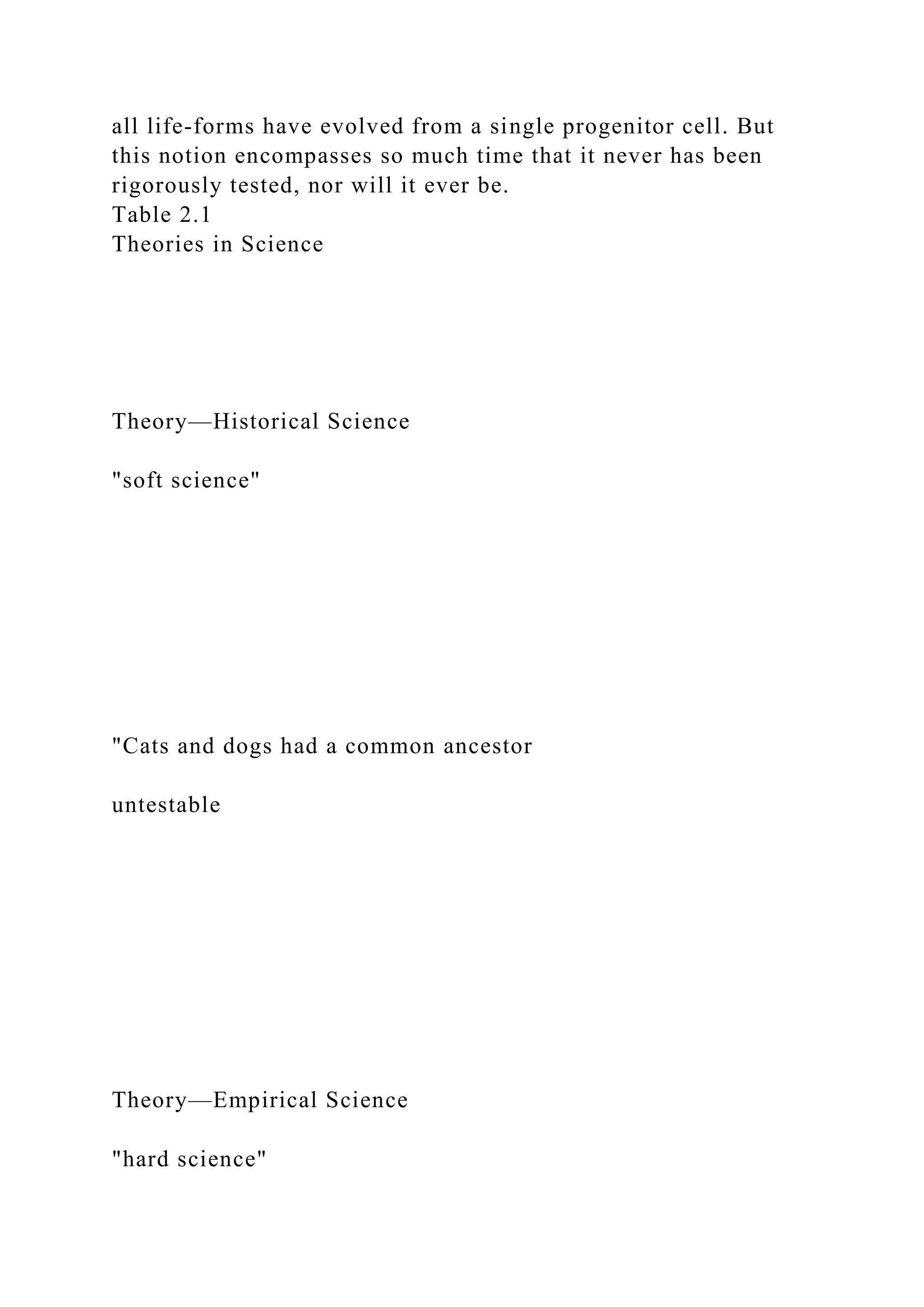 all life-forms have evolved from a single progenitor cell. But
this notion encompasses so much time that it never has been
rigorously tested, nor will it ever be.
Table 2.1
Theories in Science
Theory—Historical Science
"soft science"
"Cats and dogs had a common ancestor
untestable
Theory—Empirical Science
"hard science"
 
