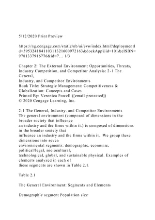 5/12/2020 Print Preview
https://ng.cengage.com/static/nb/ui/evo/index.html?deploymentI
d=595324184110311321600972163&dockAppUid=101&eISBN=
9781337916776&id=7… 1/3
Chapter 2: The External Environment: Opportunities, Threats,
Industry Competition, and Competitor Analysis: 2-1 The
General,
Industry, and Competitor Environments
Book Title: Strategic Management: Competitiveness &
Globalization: Concepts and Cases
Printed By: Veronica Powell ([email protected])
© 2020 Cengage Learning, Inc.
2-1 The General, Industry, and Competitor Environments
The general environment (composed of dimensions in the
broader society that influence
an industry and the firms within it.) is composed of dimensions
in the broader society that
influence an industry and the firms within it. We group these
dimensions into seven
environmental segments: demographic, economic,
political/legal, sociocultural,
technological, global, and sustainable physical. Examples of
elements analyzed in each of
these segments are shown in Table 2.1.
Table 2.1
The General Environment: Segments and Elements
Demographic segment Population size
 