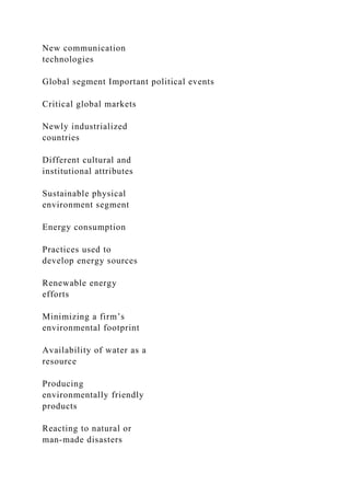 New communication
technologies
Global segment Important political events
Critical global markets
Newly industrialized
countries
Different cultural and
institutional attributes
Sustainable physical
environment segment
Energy consumption
Practices used to
develop energy sources
Renewable energy
efforts
Minimizing a firm’s
environmental footprint
Availability of water as a
resource
Producing
environmentally friendly
products
Reacting to natural or
man-made disasters
 