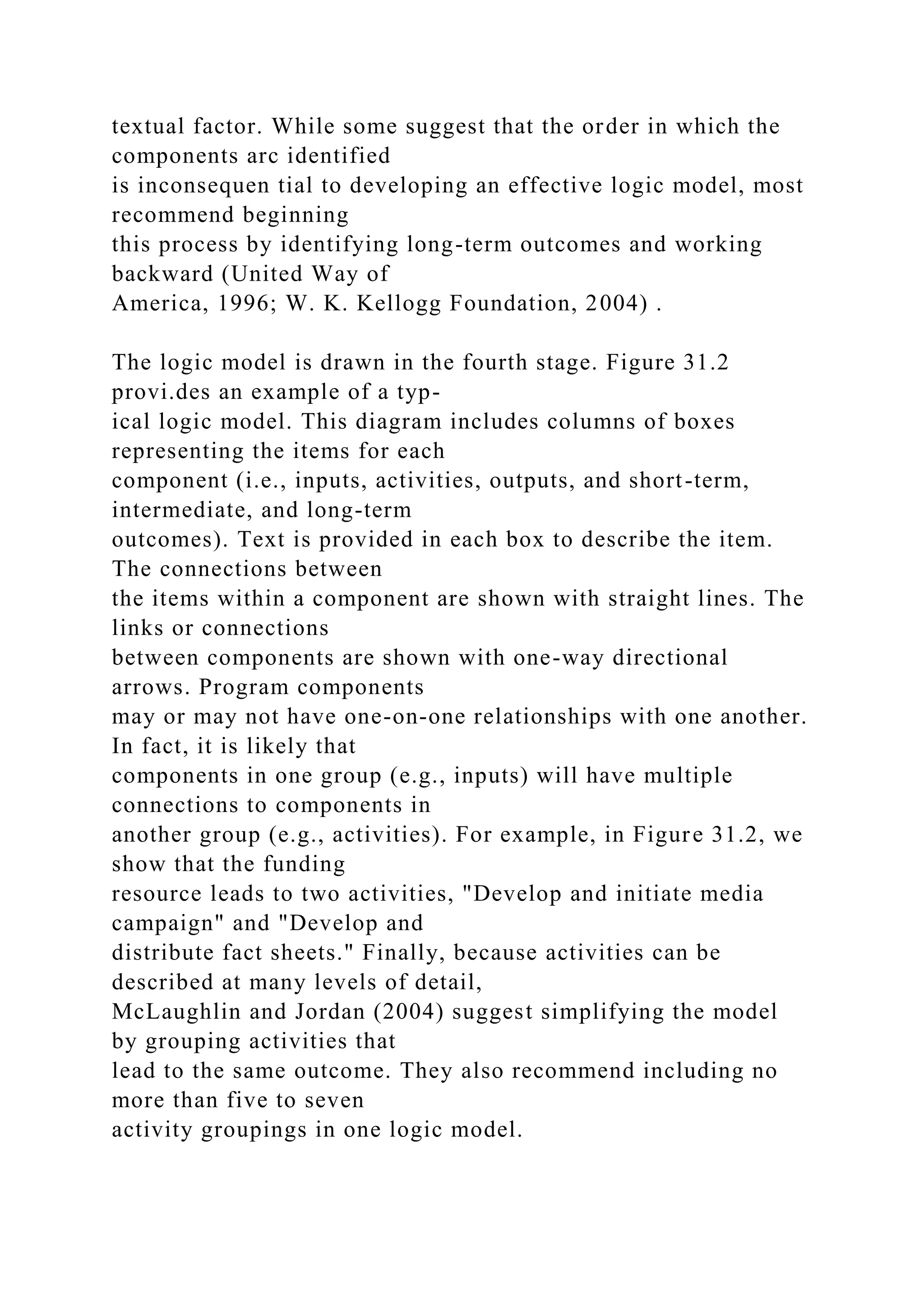 textual factor. While some suggest that the order in which the
components arc identified
is inconsequen tial to developing an effective logic model, most
recommend beginning
this process by identifying long-term outcomes and working
backward (United Way of
America, 1996; W. K. Kellogg Foundation, 2004) .
The logic model is drawn in the fourth stage. Figure 31.2
provi.des an example of a typ-
ical logic model. This diagram includes columns of boxes
representing the items for each
component (i.e., inputs, activities, outputs, and short-term,
intermediate, and long-term
outcomes). Text is provided in each box to describe the item.
The connections between
the items within a component are shown with straight lines. The
links or connections
between components are shown with one-way directional
arrows. Program components
may or may not have one-on-one relationships with one another.
In fact, it is likely that
components in one group (e.g., inputs) will have multiple
connections to components in
another group (e.g., activities). For example, in Figure 31.2, we
show that the funding
resource leads to two activities, "Develop and initiate media
campaign" and "Develop and
distribute fact sheets." Finally, because activities can be
described at many levels of detail,
McLaughlin and Jordan (2004) suggest simplifying the model
by grouping activities that
lead to the same outcome. They also recommend including no
more than five to seven
activity groupings in one logic model.
 