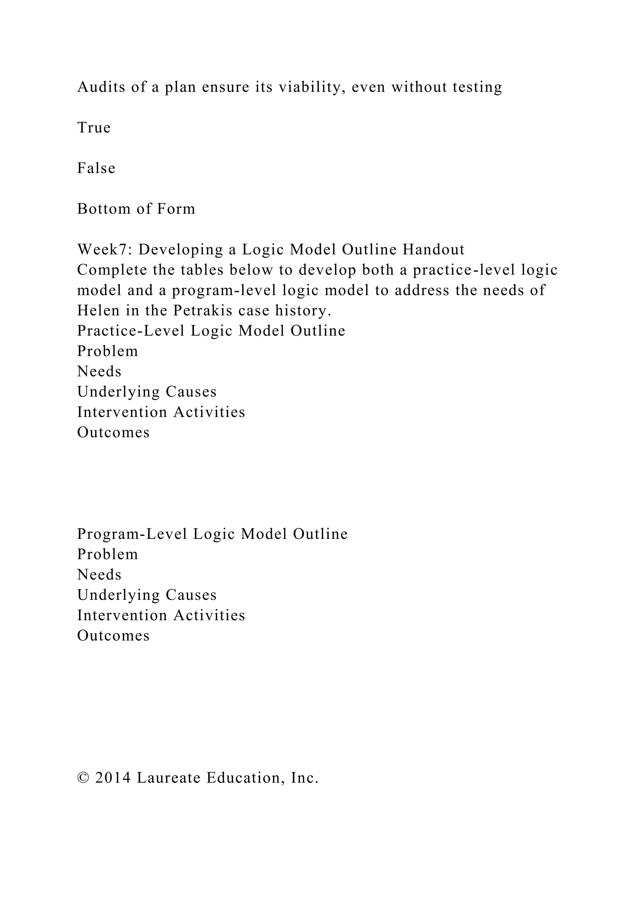 Audits of a plan ensure its viability, even without testing
True
False
Bottom of Form
Week7: Developing a Logic Model Outline Handout
Complete the tables below to develop both a practice-level logic
model and a program-level logic model to address the needs of
Helen in the Petrakis case history.
Practice-Level Logic Model Outline
Problem
Needs
Underlying Causes
Intervention Activities
Outcomes
Program-Level Logic Model Outline
Problem
Needs
Underlying Causes
Intervention Activities
Outcomes
© 2014 Laureate Education, Inc.
 