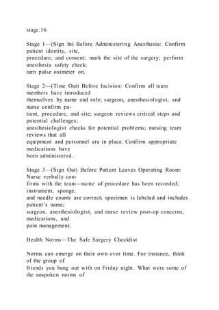 stage.16
Stage 1—(Sign In) Before Administering Anesthesia: Confirm
patient identity, site,
procedure, and consent; mark the site of the surgery; perform
anesthesia safety check;
turn pulse oximeter on.
Stage 2—(Time Out) Before Incision: Confirm all team
members have introduced
themselves by name and role; surgeon, anesthesiologist, and
nurse confirm pa-
tient, procedure, and site; surgeon reviews critical steps and
potential challenges;
anesthesiologist checks for potential problems; nursing team
reviews that all
equipment and personnel are in place. Confirm appropriate
medications have
been administered.
Stage 3—(Sign Out) Before Patient Leaves Operating Room:
Nurse verbally con-
firms with the team—name of procedure has been recorded;
instrument, sponge,
and needle counts are correct; specimen is labeled and includes
patient’s name;
surgeon, anesthesiologist, and nurse review post-op concerns,
medications, and
pain management.
Health Norms—The Safe Surgery Checklist
Norms can emerge on their own over time. For instance, think
of the group of
friends you hung out with on Friday night. What were some of
the unspoken norms of
 