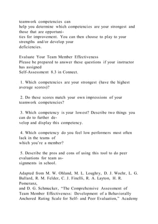 teamwork competencies can
help you determine which competencies are your strongest and
those that are opportuni-
ties for improvement. You can then choose to play to your
strengths and/or develop your
deficiencies.
Evaluate Your Team Member Effectiveness
Please be prepared to answer these questions if your instructor
has assigned
Self-Assessment 8.3 in Connect.
1. Which competencies are your strongest (have the highest
average scores)?
2. Do these scores match your own impressions of your
teamwork competencies?
3. Which competency is your lowest? Describe two things you
can do to further de-
velop and display this competency.
4. Which competency do you feel low performers most often
lack in the teams of
which you’re a member?
5. Describe the pros and cons of using this tool to do peer
evaluations for team as-
signments in school.
Adapted from M. W. Ohland, M. L. Loughry, D. J. Woehr, L. G.
Bullard, R. M. Felder, C. J. Finelli, R. A. Layton, H. R.
Pomeranz,
and D. G. Schmucker, “The Comprehensive Assessment of
Team Member Effectiveness: Development of a Behaviorally
Anchored Rating Scale for Self- and Peer Evaluation,” Academy
 