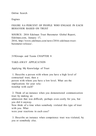 Online Search
Engines
FIGURE 8.6 PERCENT OF PEOPLE WHO ENGAGE IN EACH
BEHAVIOR BASED ON TRUST
SOURCE: 2016 Edelman Trust Barometer Global Report,
Edelman.com, January 17,
2016, http://www.edelman.com/news/2016-edelman-trust-
barometer-release/.
319Groups and Teams CHAPTER 8
TAKE-AWAY APPLICATION
Applying My Knowledge of Trust
1. Describe a person with whom you have a high level of
contractual trust, then a
person with whom you have a low level. What are the
implications for your rela-
tionship with each?
2. Think of an instance when you demonstrated communication
trust by making an
admission that was difficult, perhaps even costly for you, but
you did it anyway.
Now think of a time when somebody violated this type of trust
with you. What
were your reactions in each case?
3. Describe an instance when competence trust was violated, by
you or somebody else.
 