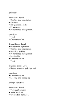 practices
Individual Level
• Conflict and negotiation
• Emotions
• Interpersonal skills
• Perceptions
• Performance management
practices
• Trust
• Communication
Group/Team Level
• Group/team dynamics
• Conflict and negotiation
• Decision making
• Performance management
• Leadership
• Communication
• Trust
Organizational Level
• Human resource policies and
practices
• Communication
• Leading and managing
change and stress
Individual Level
• Task performance
• Work attitudes
• Citizenship behavior/
 