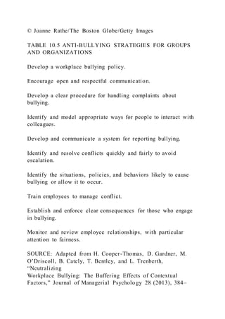 © Joanne Rathe/The Boston Globe/Getty Images
TABLE 10.5 ANTI-BULLYING STRATEGIES FOR GROUPS
AND ORGANIZATIONS
Develop a workplace bullying policy.
Encourage open and respectful communication.
Develop a clear procedure for handling complaints about
bullying.
Identify and model appropriate ways for people to interact with
colleagues.
Develop and communicate a system for reporting bullying.
Identify and resolve conflicts quickly and fairly to avoid
escalation.
Identify the situations, policies, and behaviors likely to cause
bullying or allow it to occur.
Train employees to manage conflict.
Establish and enforce clear consequences for those who engage
in bullying.
Monitor and review employee relationships, with particular
attention to fairness.
SOURCE: Adapted from H. Cooper-Thomas, D. Gardner, M.
O’Driscoll, B. Cately, T. Bentley, and L. Trenberth,
“Neutralizing
Workplace Bullying: The Buffering Effects of Contextual
Factors,” Journal of Managerial Psycholo gy 28 (2013), 384–
 