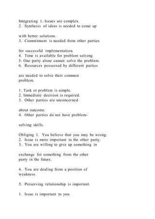 Integrating 1. Issues are complex.
2. Synthesis of ideas is needed to come up
with better solutions.
3. Commitment is needed from other parties
for successful implementation.
4. Time is available for problem solving.
5. One party alone cannot solve the problem.
6. Resources possessed by different parties
are needed to solve their common
problem.
1. Task or problem is simple.
2. Immediate decision is required.
3. Other parties are unconcerned
about outcome.
4. Other parties do not have problem-
solving skills.
Obliging 1. You believe that you may be wrong.
2. Issue is more important to the other party.
3. You are willing to give up something in
exchange for something from the other
party in the future.
4. You are dealing from a position of
weakness.
5. Preserving relationship is important.
1. Issue is important to you.
 