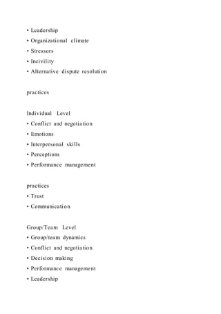 • Leadership
• Organizational climate
• Stressors
• Incivility
• Alternative dispute resolution
practices
Individual Level
• Conflict and negotiation
• Emotions
• Interpersonal skills
• Perceptions
• Performance management
practices
• Trust
• Communication
Group/Team Level
• Group/team dynamics
• Conflict and negotiation
• Decision making
• Performance management
• Leadership
 