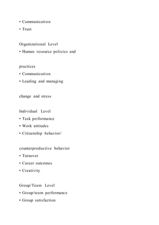 • Communication
• Trust
Organizational Level
• Human resource policies and
practices
• Communication
• Leading and managing
change and stress
Individual Level
• Task performance
• Work attitudes
• Citizenship behavior/
counterproductive behavior
• Turnover
• Career outcomes
• Creativity
Group/Team Level
• Group/team performance
• Group satisfaction
 