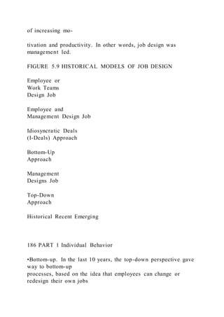 of increasing mo-
tivation and productivity. In other words, job design was
management led.
FIGURE 5.9 HISTORICAL MODELS OF JOB DESIGN
Employee or
Work Teams
Design Job
Employee and
Management Design Job
Idiosyncratic Deals
(I-Deals) Approach
Bottom-Up
Approach
Management
Designs Job
Top-Down
Approach
Historical Recent Emerging
186 PART 1 Individual Behavior
•Bottom-up. In the last 10 years, the top-down perspective gave
way to bottom-up
processes, based on the idea that employees can change or
redesign their own jobs
 