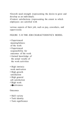 •Growth need strength (representing the desire to grow and
develop as an individual).
•Context satisfactions (representing the extent to which
employees are satisfied with
various aspects of their job, such as pay, coworkers, and
supervision).
FIGURE 5.10 THE JOB CHARACTERISTICS MODEL
• Experienced
meaningfulness
of the work
• Experienced
responsibility for
outcomes of the work
• Gained knowledge of
the actual results of
the work activities
• High intrinsic
work motivation
• High growth
satisfaction
• High general
job satisfaction
• High work
e�ectiveness
Outcomes
• Skill variety
• Task identity
• Task significance
 