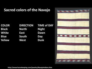 Sacred colors of the Navajo


COLOR            DIRECTION             TIME of DAY
Black            North                 Night
White            East                  Dawn
Blue             South                 Day
Yellow           West                  Dusk




    http://www.horsekeeping.com/jewelry/NavajoIndians.htm
 
