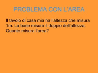 PROBLEMA CON L ’AREA Il tavolo di casa mia ha l’ altezza che misura 1m. La base misura il doppio dell ’ altezza. Quanto misura l ’ area? 
