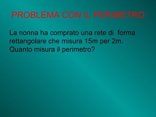 PROBLEMA CON IL PERIMETRO La nonna ha comprato una rete di  forma rettangolare che misura 15m per 2m. Quanto misura il perimetro? 