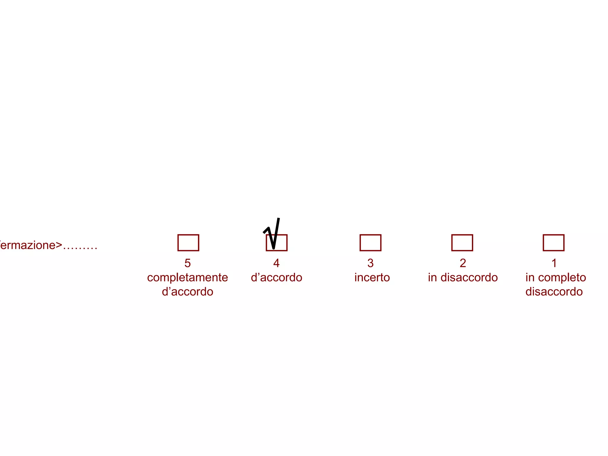 5 completamente d’accordo 4 d’accordo 3  incerto 2 in disaccordo 1  in completo disaccordo <affermazione>……… 