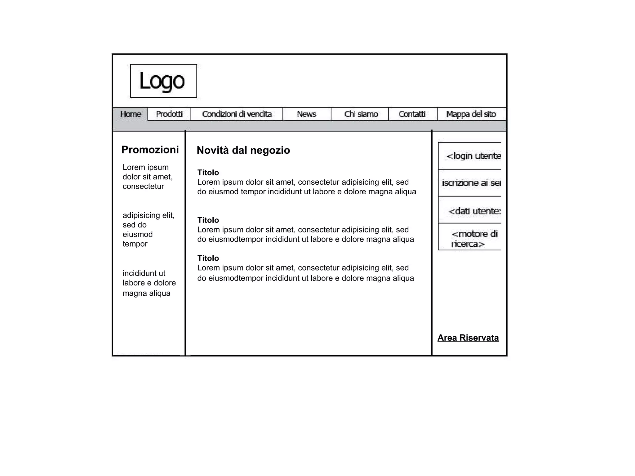 Area Riservata Novità dal negozio Promozioni Titolo Lorem ipsum dolor sit amet, consectetur adipisicing elit, sed do eiusmod tempor incididunt ut labore e dolore magna aliqua   Titolo Lorem ipsum dolor sit amet, consectetur adipisicing elit, sed do eiusmodtempor incididunt ut labore e dolore magna aliqua   Titolo Lorem ipsum dolor sit amet, consectetur adipisicing elit, sed do eiusmodtempor incididunt ut labore e dolore magna aliqua   Lorem ipsum dolor sit amet, consectetur  adipisicing elit, sed do eiusmod tempor  incididunt ut labore e dolore magna aliqua   