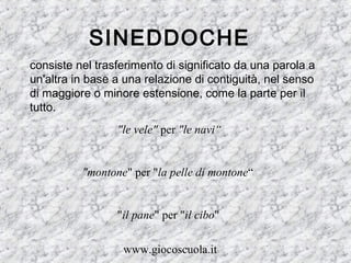 www.giocoscuola.it
SINEDDOCHE
consiste nel trasferimento di significato da una parola a
un'altra in base a una relazione d...