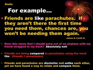 For example…
• Friends are like parachutes. If
they aren’t there the first time
you need them, chances are, you
won’t be needing them again.
-James A. Lovell Jr.
• Does this mean that I should jump out of an airplane with my
friend strapped to my back? Absolutely not!
• Friends are being compared to parachutes using the word
like. (friends = parachutes)
• Friends and parachutes are dissimilar and unlike each other,
yet we have found a way to relate and compare them.
Simile
 