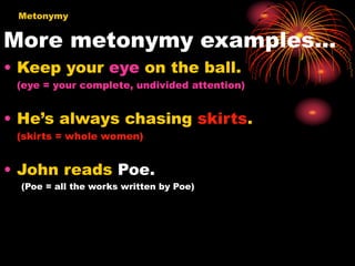 More metonymy examples…
• Keep your eye on the ball.
(eye = your complete, undivided attention)
• He’s always chasing skirts.
(skirts = whole women)
• John reads Poe.
(Poe = all the works written by Poe)
Metonymy
 