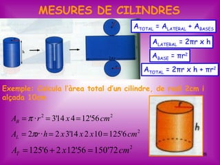 MESURES DE CILINDRES
                                               ATOTAL = ALATERAL + ABASES

                                                     ALATERAL = 2πr x h
                                                     ABASE = πr2
                                                  ATOTAL = 2πr x h + πr2

Exemple: Calcula l’àrea total d’un cilindre, de radi 2cm i
alçada 10cm

  AB = π · r 2 = 3'14 x 4 = 12'56 cm 2
  AL = 2πr · h = 2 x 3'14 x 2 x 10 = 125'6 cm 2
  AT = 125'6 + 2 x 12'56 = 150'72 cm       2
                                                                     26
 