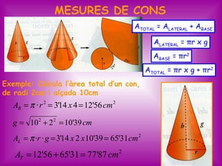 MESURES DE CONS
                                             ATOTAL = ALATERAL + ABASE

                                                     ALATERAL = πr x g
                                                     ABASE = πr2
                                                   ATOTAL = πr x g + πr2
Exemple: Calcula l’àrea total d’un con,
de radi 2cm i alçada 10cm
   AB = π · r 2 = 3'14 x 4 = 12'56 cm 2

   g = 10 2 + 2 2 = 10'39 cm
   AL = π ·r · g = 3'14 x 2 x 10'39 = 65'31 cm 2
   AT = 12'56 + 65'31 = 77'87 cm 2                                   27
 