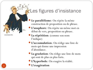 Les figures d’insistance
Le parallélisme: On répète la même
construction de proposition ou de phrase.
L’anaphore: On répète un même mot en
début de vers, proposition ou phrase.
La répétition: (comme son nom
l’indique)
L’accumulation: On rédige une liste de
mots qui donne une impression
d’abondance.
La gradation: On rédige une liste de mots
qui sont de plus en plus forts.
L’hyperbole: On exagère la réalité.
L’exagération3
 