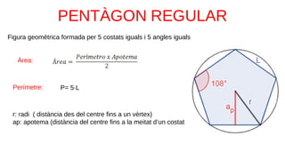 Figura geomètrica formada per 5 costats iguals i 5 angles iguals
r: radi ( distància des del centre fins a un vèrtex)
ap: apotema (distància del centre fins a la meitat d’un costat
Àrea:
Perímetre: P= 5∙L
 