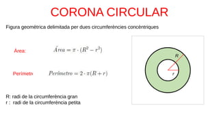 Àrea:
Perímetre:
R: radi de la circumferència gran
r : radi de la circumferència petita
Figura geomètrica delimitada per dues circumferències concèntriques
 