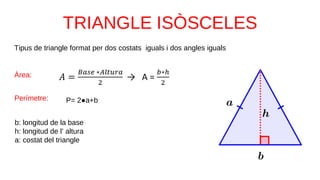b: longitud de la base
h: longitud de l’ altura
a: costat del triangle
Àrea:
Perímetre: P= 2●a+b
Tipus de triangle format per dos costats iguals i dos angles iguals
 