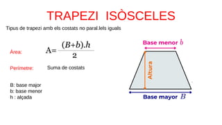 Tipus de trapezi amb els costats no paral.lels iguals
B: base major
b: base menor
h : alçada
Àrea:
Perímetre: Suma de costats
 
