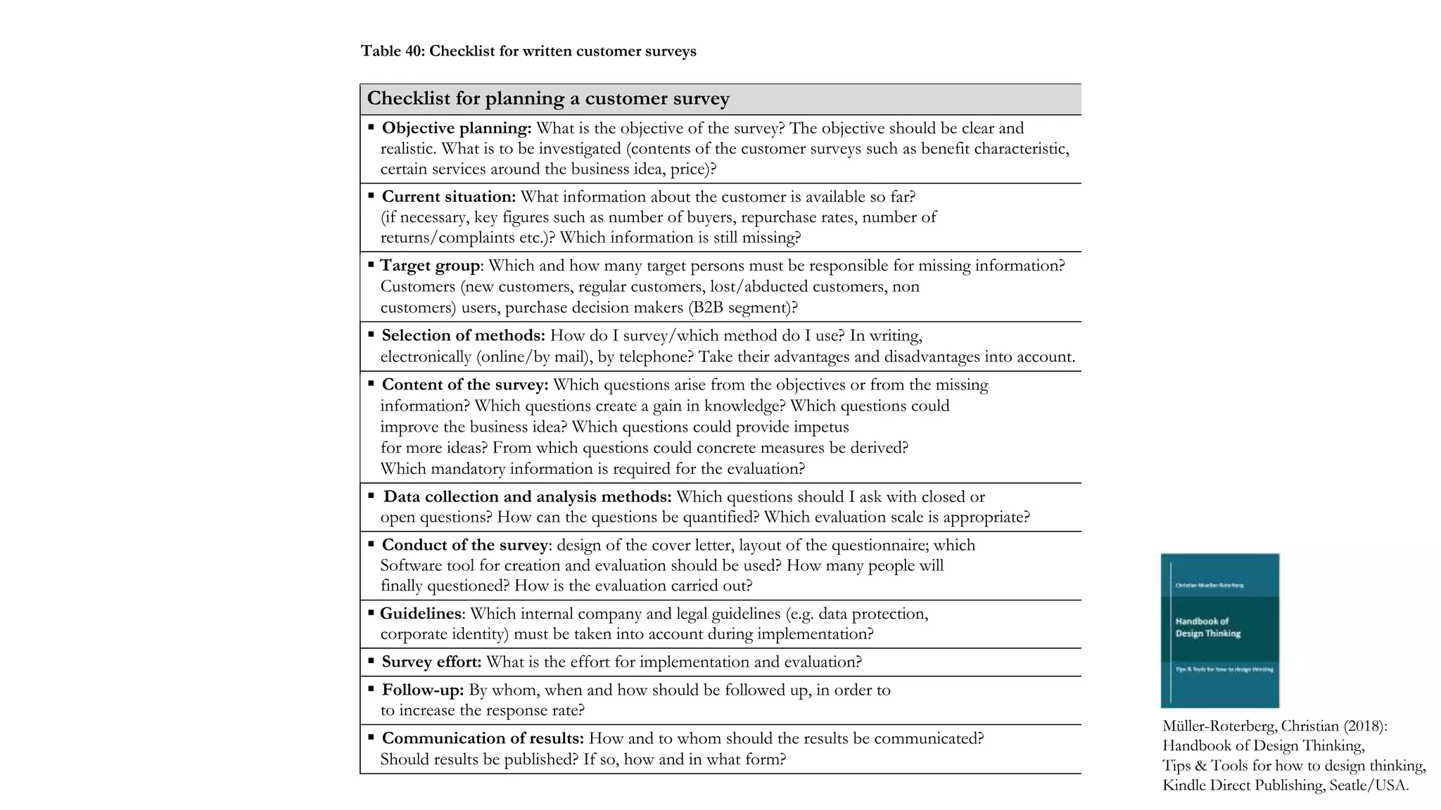 Checklist for planning a customer survey
 Objective planning: What is the objective of the survey? The objective should be clear and
realistic. What is to be investigated (contents of the customer surveys such as benefit characteristic,
certain services around the business idea, price)?
 Current situation: What information about the customer is available so far?
(if necessary, key figures such as number of buyers, repurchase rates, number of
returns/complaints etc.)? Which information is still missing?
 Target group: Which and how many target persons must be responsible for missing information?
Customers (new customers, regular customers, lost/abducted customers, non
customers) users, purchase decision makers (B2B segment)?
 Selection of methods: How do I survey/which method do I use? In writing,
electronically (online/by mail), by telephone? Take their advantages and disadvantages into account.
 Content of the survey: Which questions arise from the objectives or from the missing
information? Which questions create a gain in knowledge? Which questions could
improve the business idea? Which questions could provide impetus
for more ideas? From which questions could concrete measures be derived?
Which mandatory information is required for the evaluation?
 Data collection and analysis methods: Which questions should I ask with closed or
open questions? How can the questions be quantified? Which evaluation scale is appropriate?
 Conduct of the survey: design of the cover letter, layout of the questionnaire; which
Software tool for creation and evaluation should be used? How many people will
finally questioned? How is the evaluation carried out?
 Guidelines: Which internal company and legal guidelines (e.g. data protection,
corporate identity) must be taken into account during implementation?
 Survey effort: What is the effort for implementation and evaluation?
 Follow-up: By whom, when and how should be followed up, in order to
to increase the response rate?
 Communication of results: How and to whom should the results be communicated?
Should results be published? If so, how and in what form?
Müller-Roterberg, Christian (2018):
Handbook of Design Thinking,
Tips & Tools for how to design thinking,
Kindle Direct Publishing, Seatle/USA.
Table 40: Checklist for written customer surveys
 
