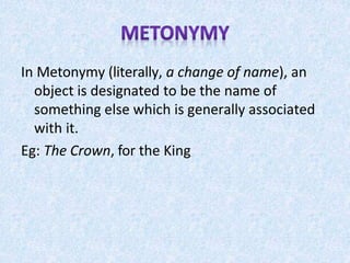 In Metonymy (literally, a change of name), an
object is designated to be the name of
something else which is generally associated
with it.
Eg: The Crown, for the King
 