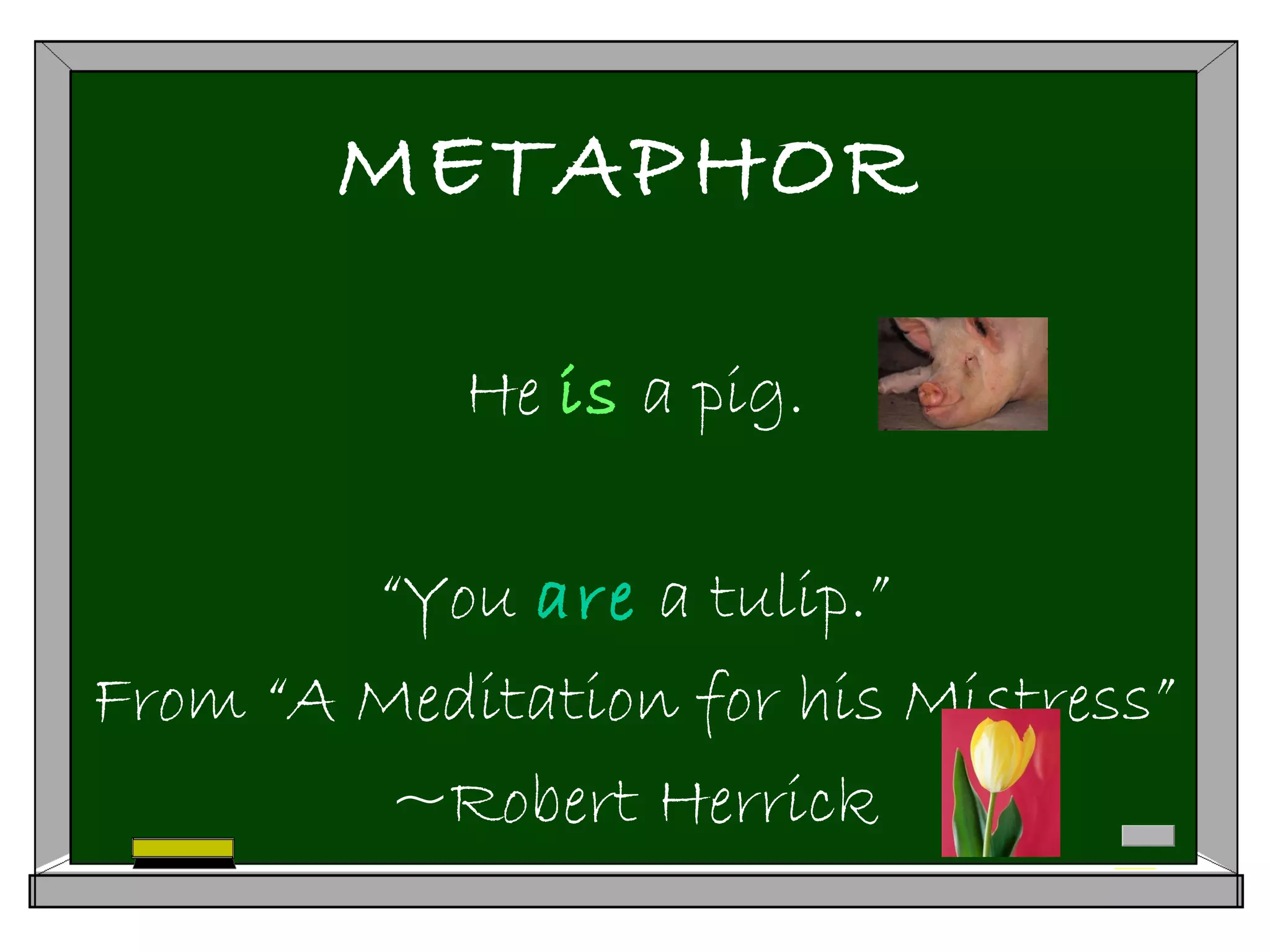 METAPHOR
He is a pig.
“You are a tulip.”
From “A Meditation for his Mistress”
~Robert Herrick
 
