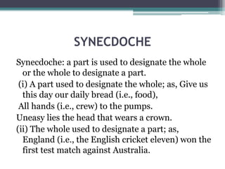 SYNECDOCHE
Synecdoche: a part is used to designate the whole
or the whole to designate a part.
(i) A part used to designate the whole; as, Give us
this day our daily bread (i.e., food),
All hands (i.e., crew) to the pumps.
Uneasy lies the head that wears a crown.
(ii) The whole used to designate a part; as,
England (i.e., the English cricket eleven) won the
first test match against Australia.
 